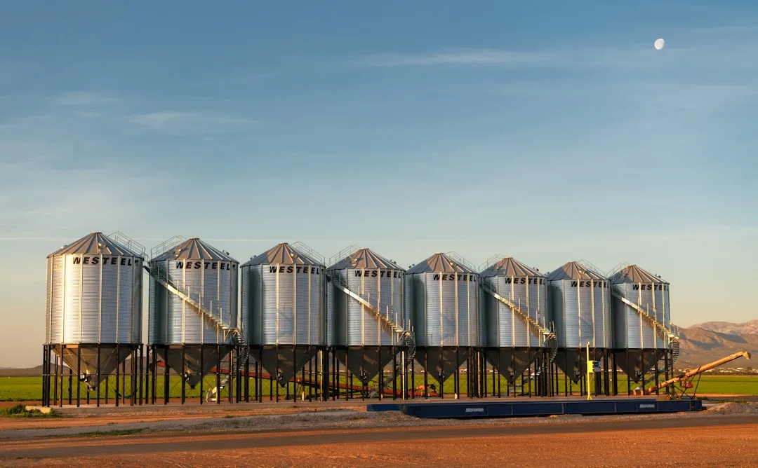 Row of metal grain storage bins under clear sky showing deferred pricing logistics